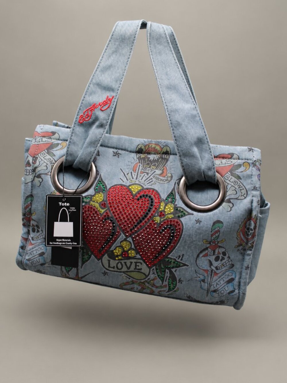 Ed Hardy Denim Blue Rhinestone Love Heart Tattoo Print Tote Bag NWT Y2K